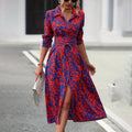 Women's Elegant V-Neck Belted Slit Dress With Leopard Print & Button Details Comfortable Spring & Fall Blend