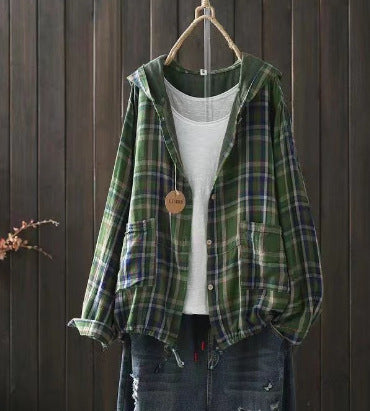 Green plaid hooded cotton-linen overshirt with button front and chest pockets
