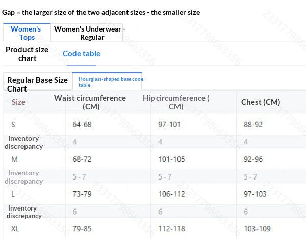 Women’s underwear regular size chart table with waist, hip, and chest measurements