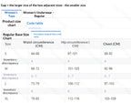 Women’s underwear regular size chart table with waist, hip, and chest measurements