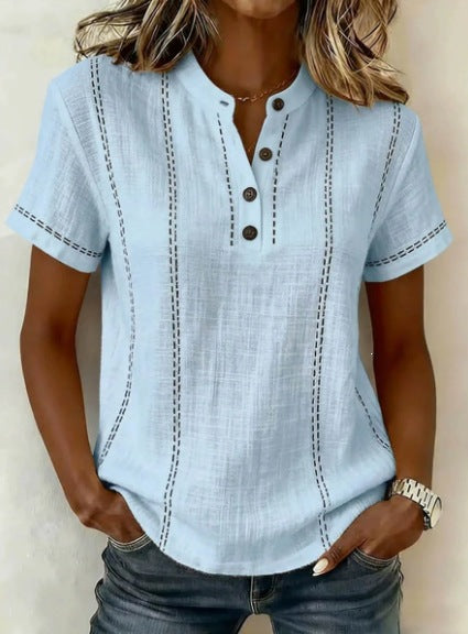 Summer Striped Short-Sleeve Shirts Casual Stand-Collar V-neck Button Blouse Womens Clothing(New)