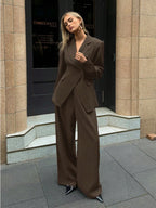 Aloruh Women's Notched Collar Jacket And Pants Commuting Daily Basic Business Suit Set