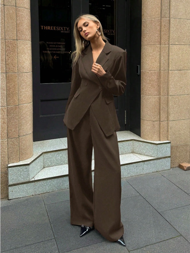 Aloruh Women's Notched Collar Jacket And Pants Commuting Daily Basic Business Suit Set